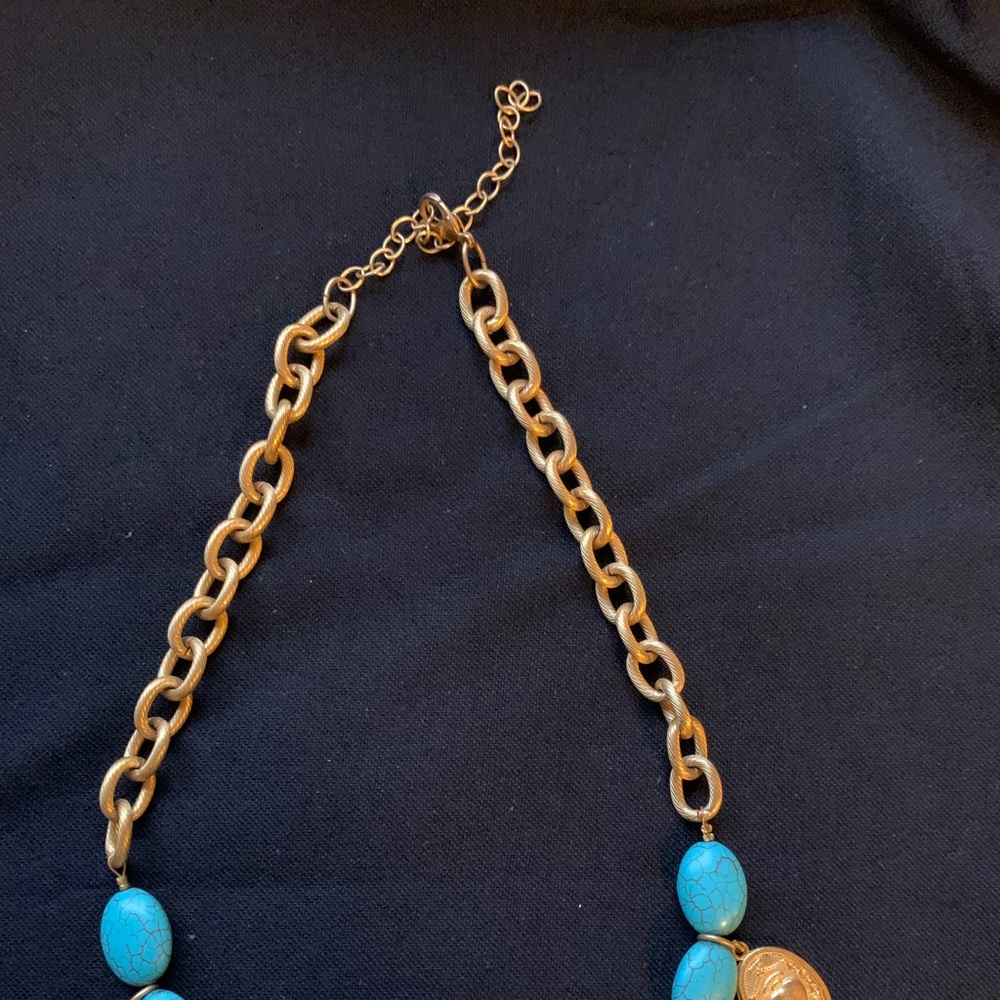 Turquoise and Gold Religious Medal Charm Necklace - Picture 4 of 11